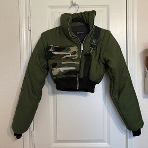 & Other Stories Olive Green Cropped Bomber Jacket with Camouflage Pouch